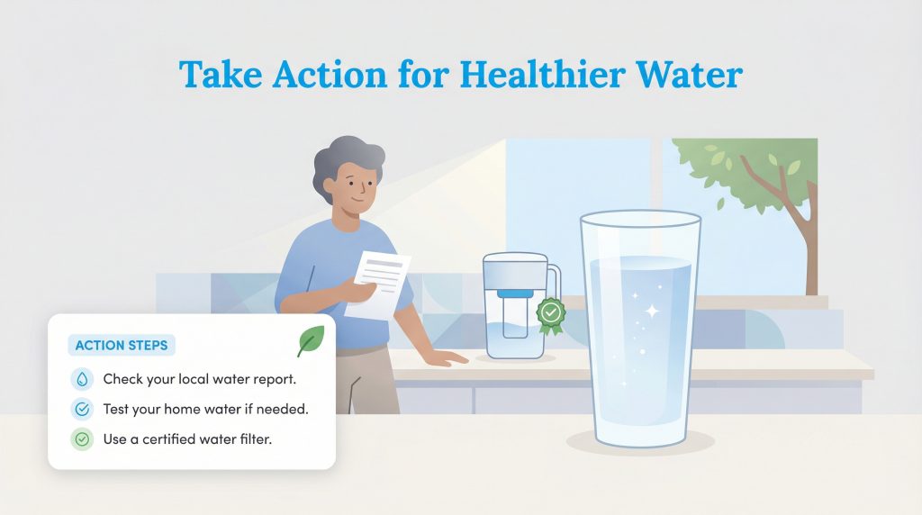 Infographic showing three action steps for healthier water: check local report, test home water, and use a certified filter.