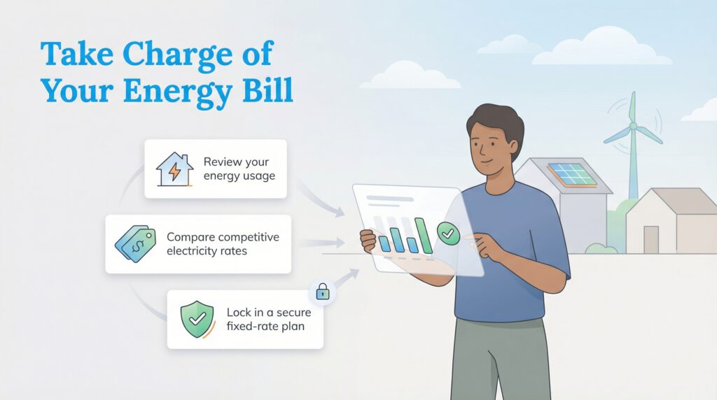 A man uses a tablet to review energy usage, compare rates, and lock in a plan, with solar panels and a wind turbine in the background.