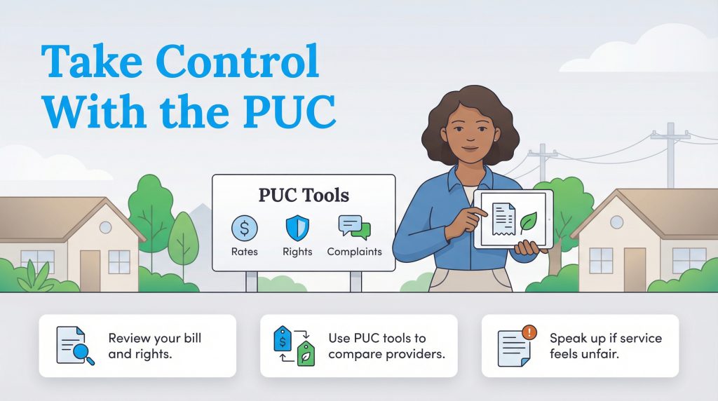 A woman demonstrates PUC tools for rates, rights, and complaints, with steps to review, compare, and speak up.