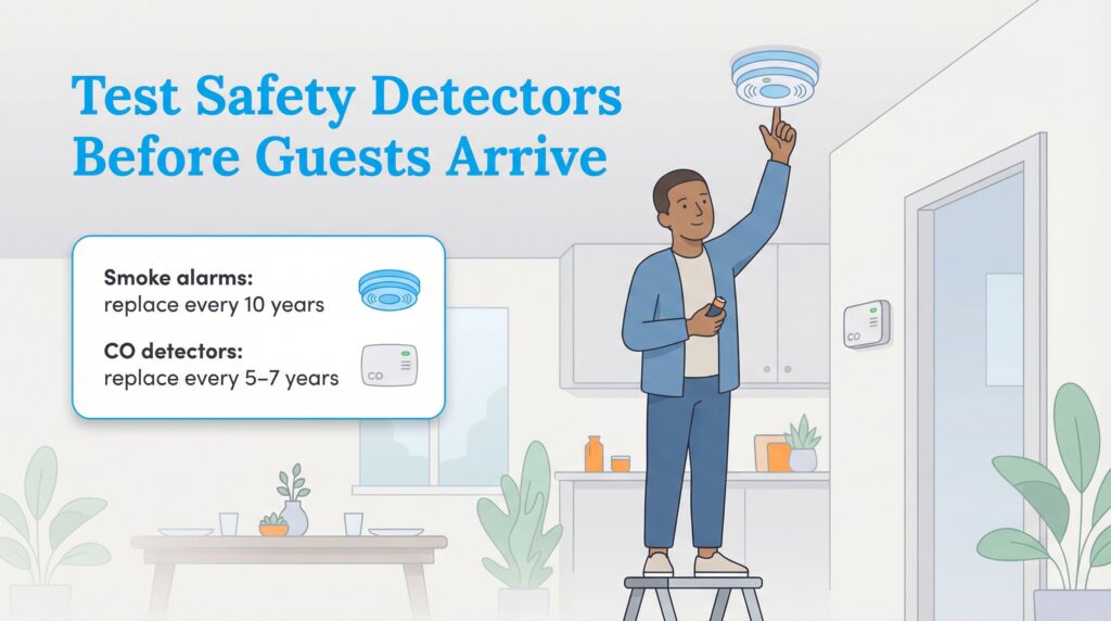 Man on ladder tests smoke detector; text box lists replacement timelines for smoke and CO alarms.