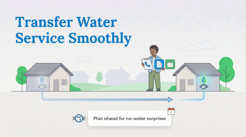 Illustration of a man with documents transferring water service between two houses.