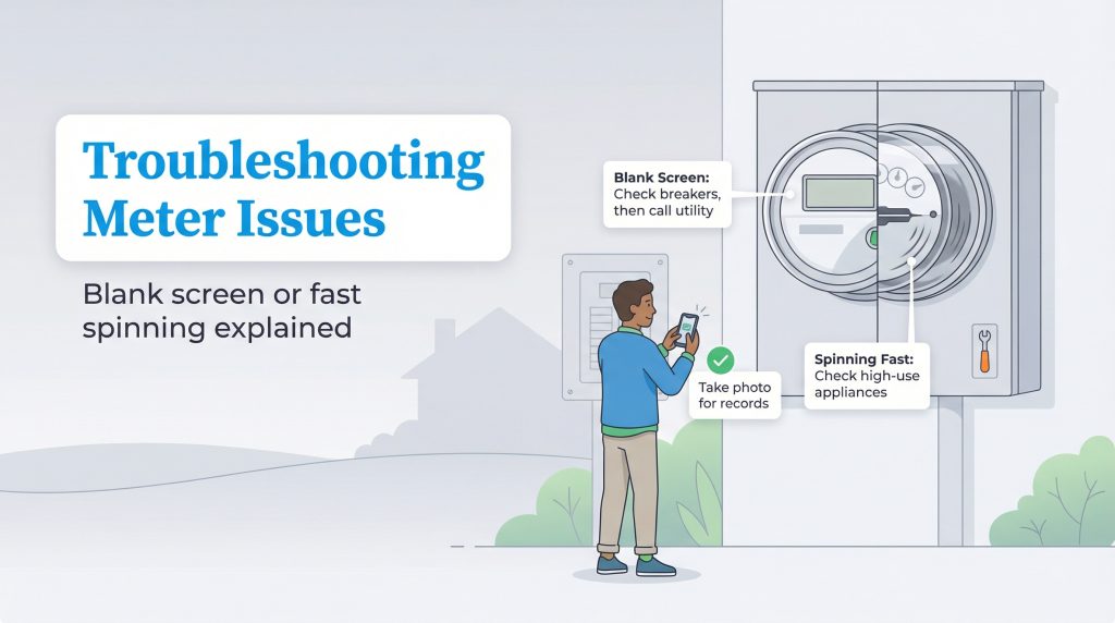 Illustration of a person checking a utility meter with callouts for troubleshooting a blank screen or fast spinning disk.