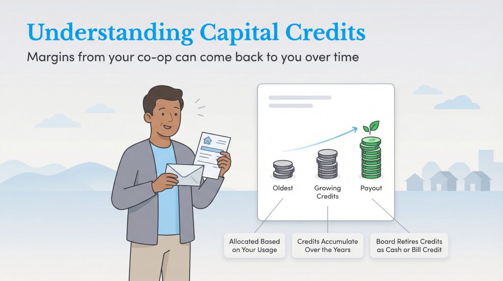 A man looks at a document next to a graphic showing how co-op margins become capital credits.