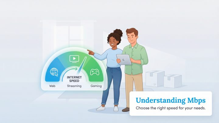 A couple examines an internet speed gauge with icons for web, streaming, and gaming.