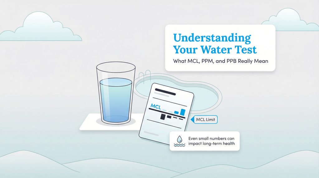 Illustration explaining water test terms MCL, PPM, and PPB with a glass of water and test document.