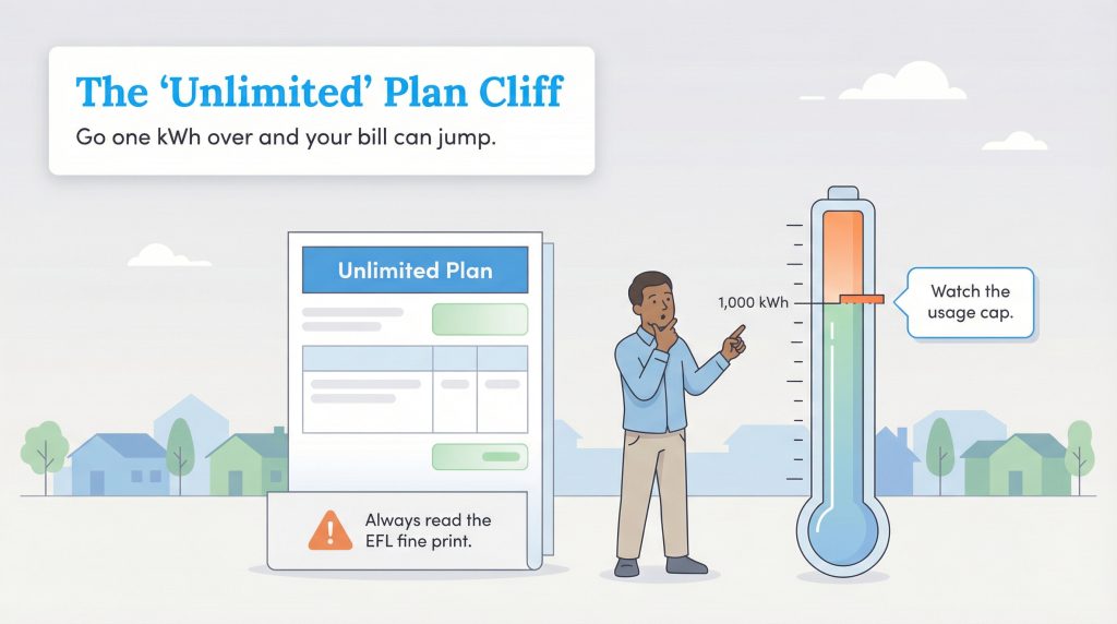 Illustration showing an 'Unlimited Plan Cliff' where exceeding a 1,000 kWh usage cap can cause an electricity bill to jump, with a warning to read the EFL fine print.
