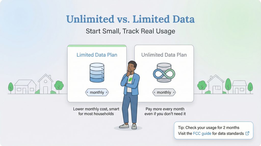 Illustration comparing limited data (lower cost) versus unlimited data (pay more, might not need).
