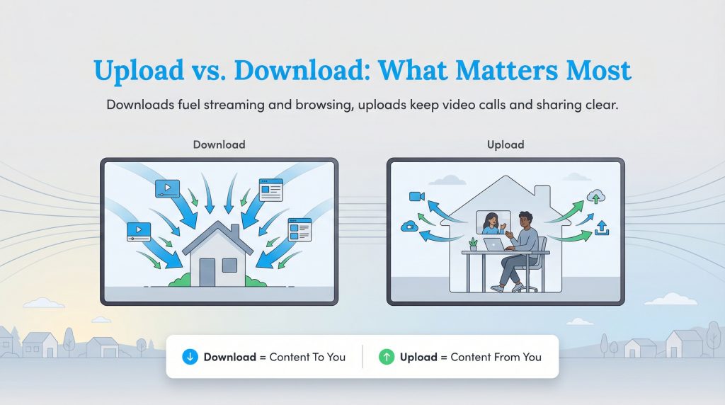 Diagram showing download as data coming into a house and upload as data going out for video calls.