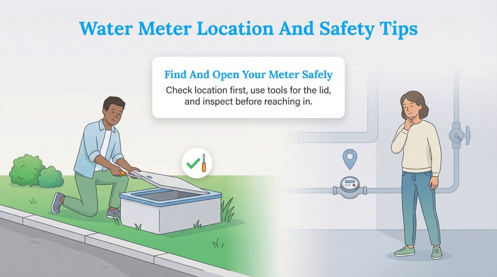 Illustration showing a man outside opening a water meter box with a tool, and a woman inside observing an indoor water meter.