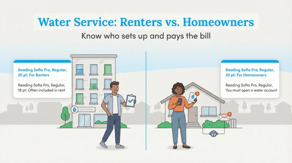 Infographic comparing water service setup for renters (often included) and homeowners (must open account).