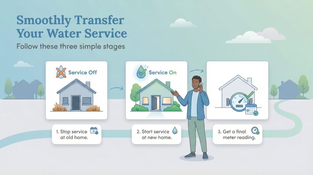 Illustration showing three sequential steps to smoothly transfer water service when moving.