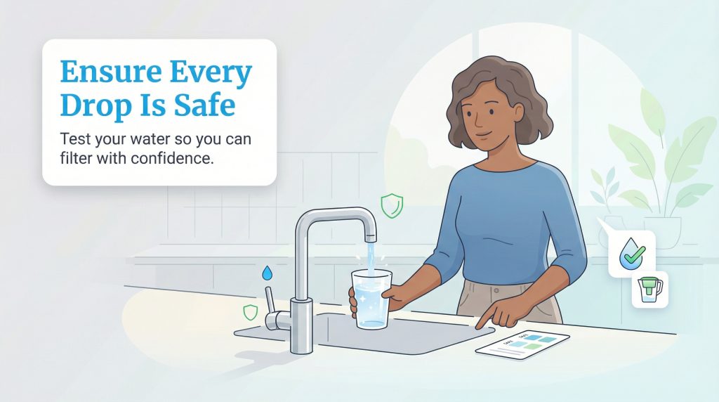 Woman filling a water glass at a sink while checking test results on a tablet.