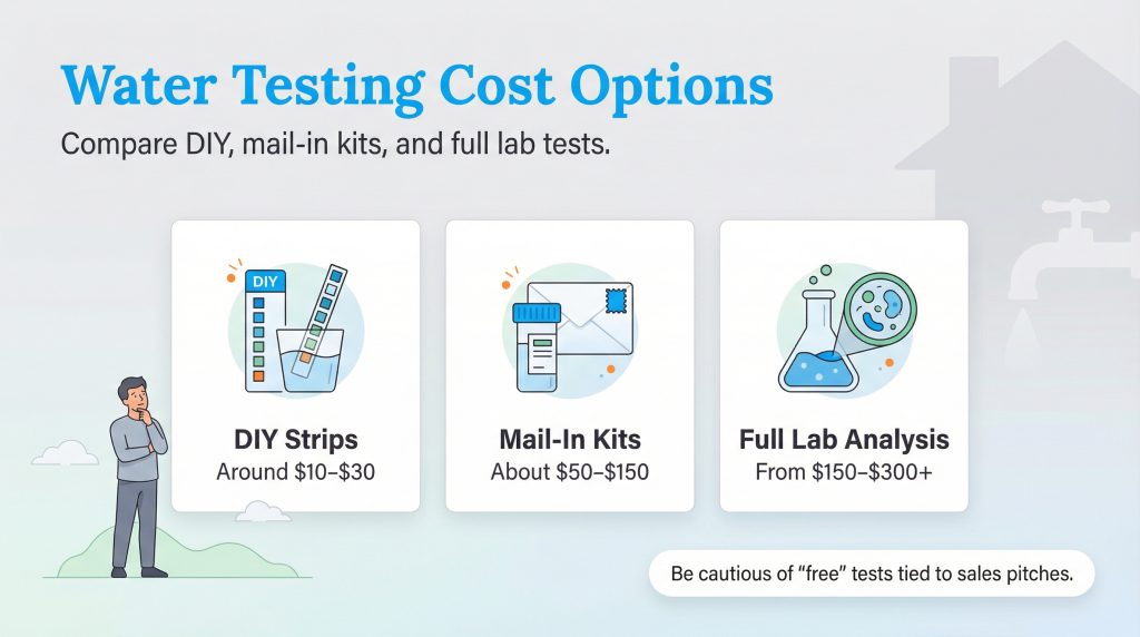 Infographic comparing costs of DIY strips, mail-in kits, and full lab analysis for water testing.