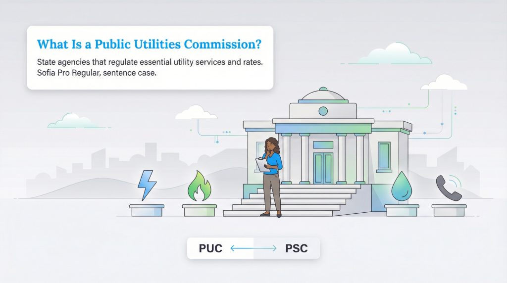 Illustration showing a woman and utility symbols in front of a government building, defining a Public Utilities Commission.