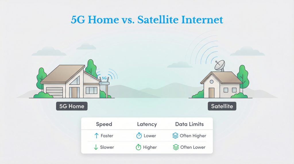Infographic shows 5G Home is faster with lower latency and often higher data limits than satellite.