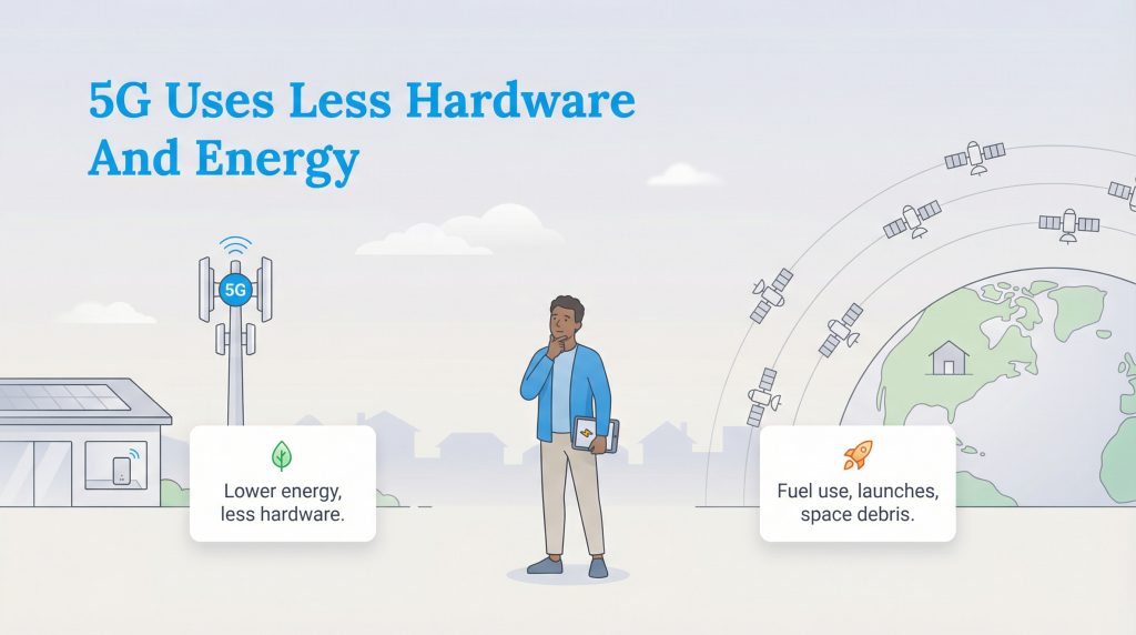 An illustration contrasting 5G's low hardware/energy use with satellite internet's high resource demands.