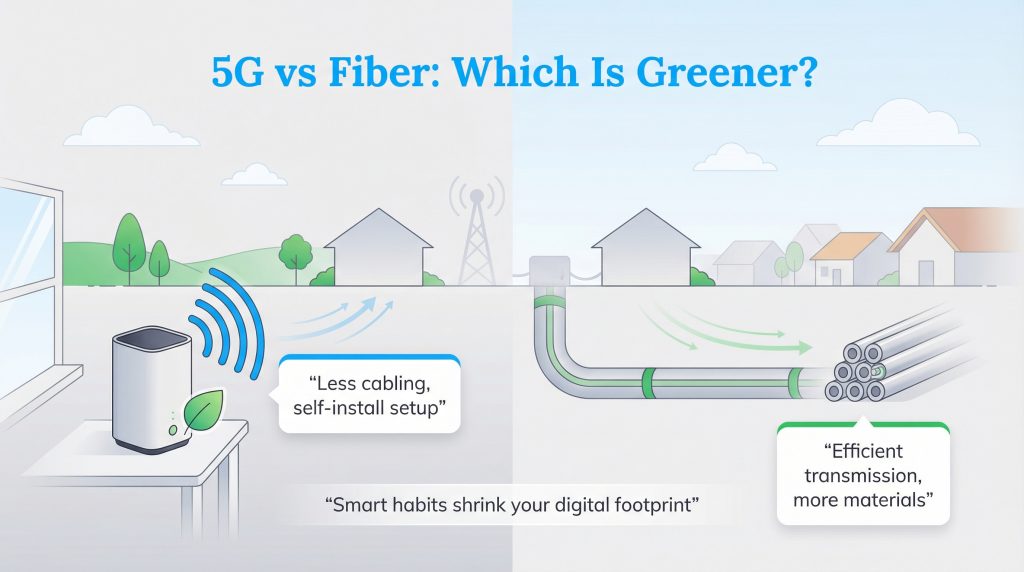 Illustration comparing the eco-impact of 5G (less cabling) and fiber (efficient transmission) internet.