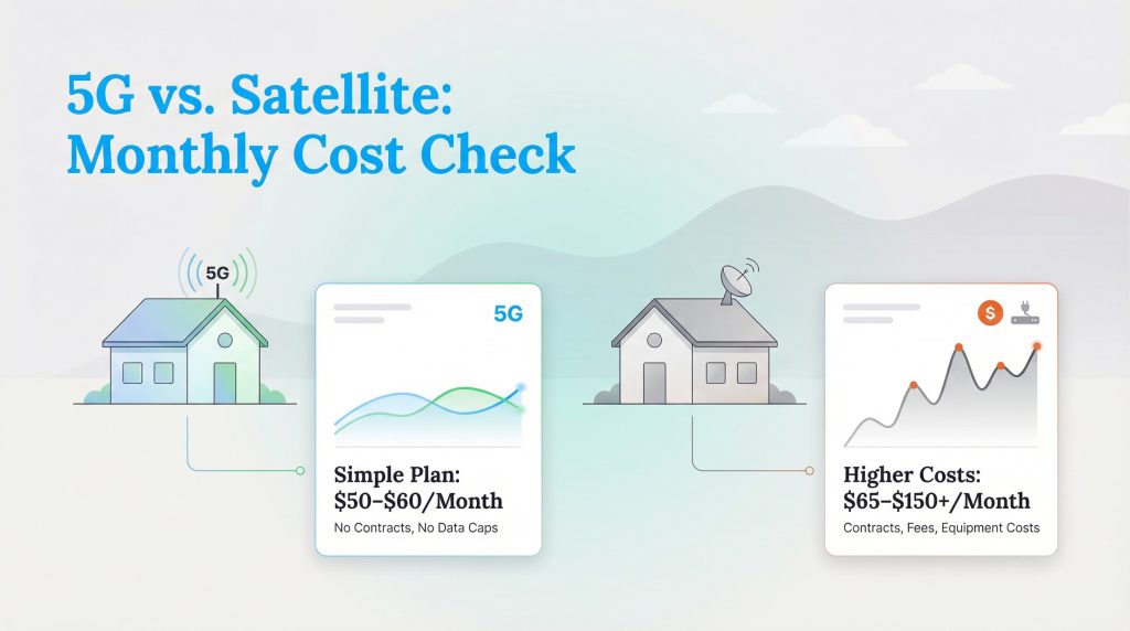 Infographic showing 5G internet is cheaper ($50-$60/mo) than satellite internet ($65-$150+/mo).