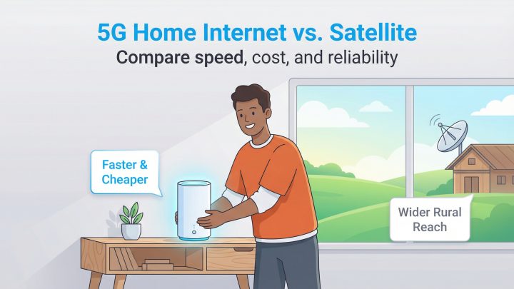 Illustration comparing 5G Home Internet (Faster & Cheaper) and Satellite (Wider Rural Reach).