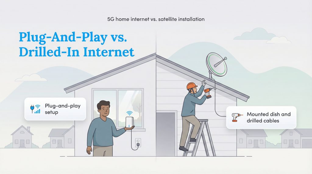 Split illustration showing easy 5G plug-and-play setup and complex satellite dish installation.