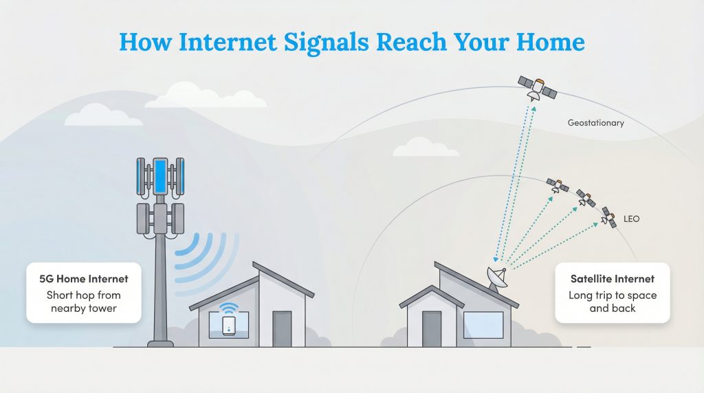 Infographic comparing the signal paths of 5G home internet from a nearby tower versus satellite internet from space.
