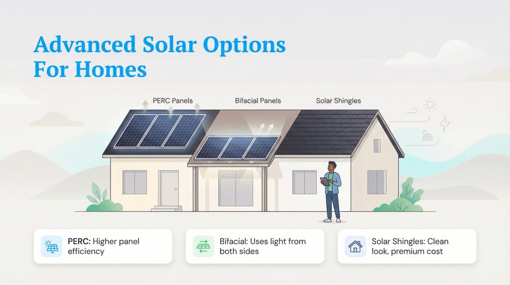 Illustration of a house with PERC panels, bifacial panels, and solar shingles installed on the roof.
