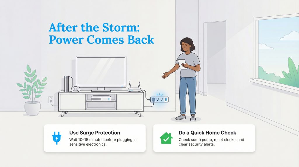 An illustration of a woman in a living room with text boxes advising on surge protection and home checks after power returns.