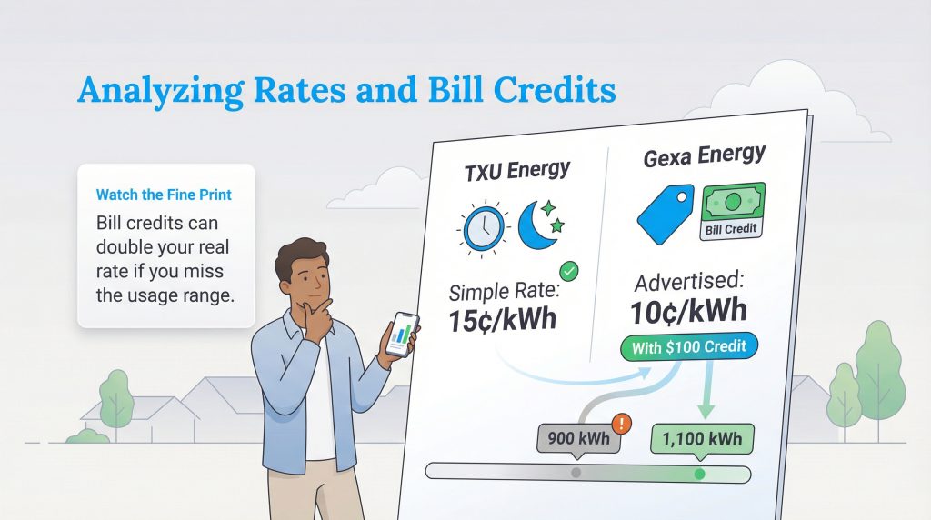 Illustration comparing TXU and Gexa Energy rates, emphasizing the impact of bill credits on the advertised price.