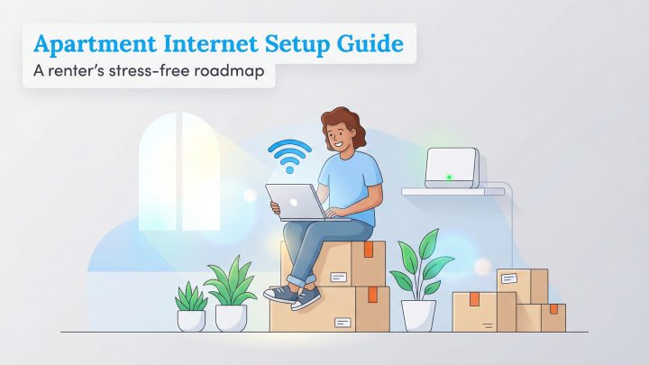 Illustration for Apartment Internet Setup Guide showing a person on boxes using a laptop with Wi-Fi.