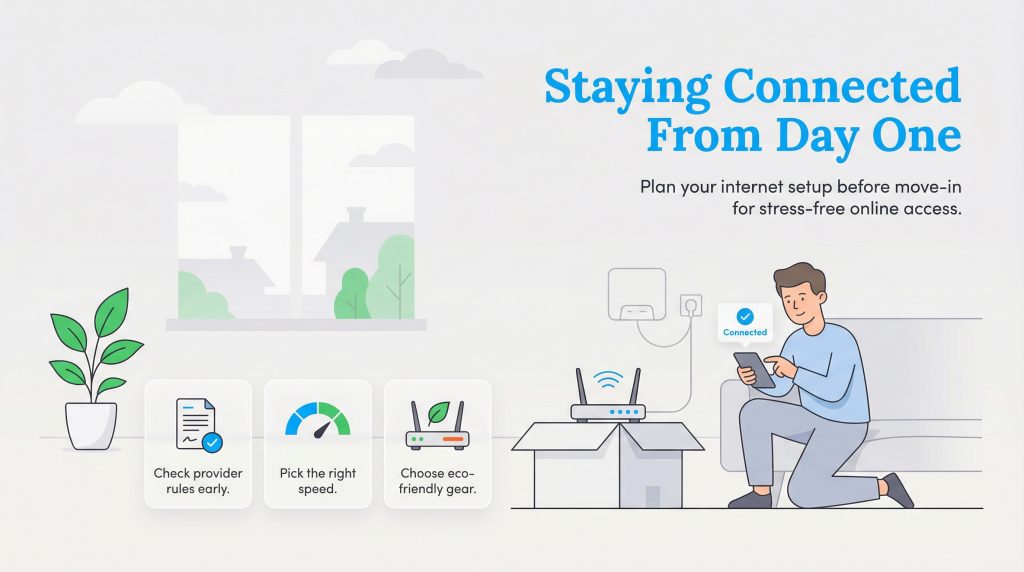 Man on a tablet in a new apartment, with icons showing steps to set up internet connection.