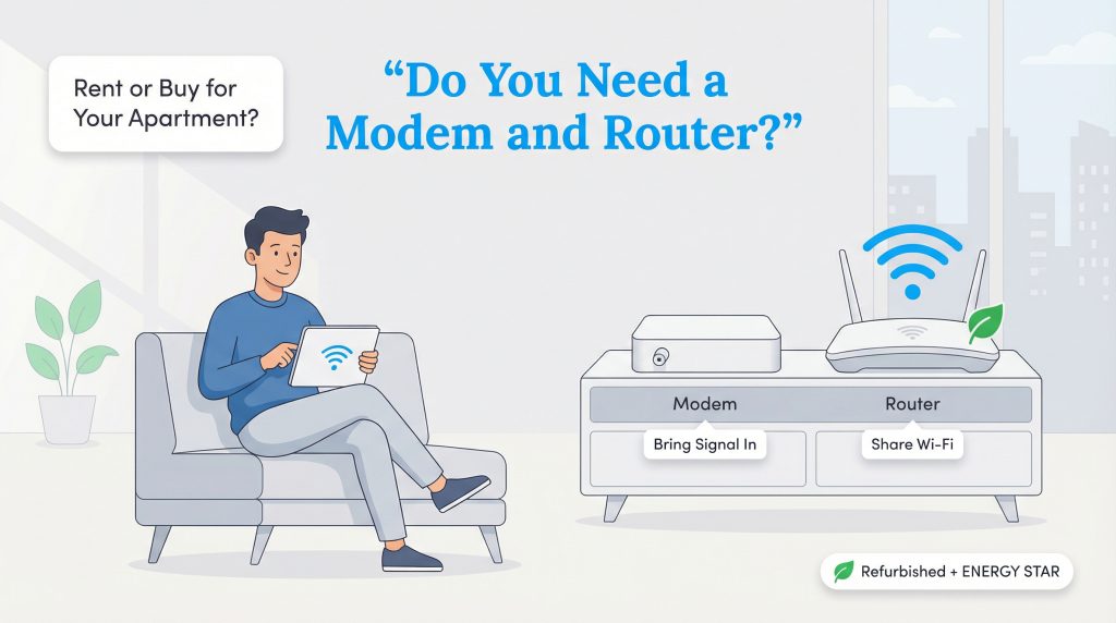 Infographic on needing a modem and router for an apartment, explaining functions and renting vs. buying options.