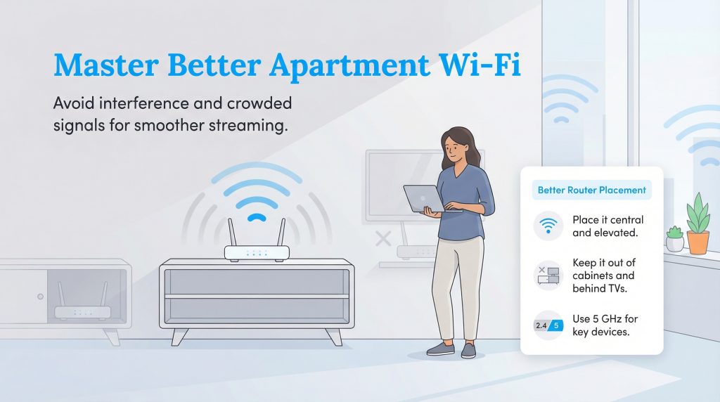 A guide on better apartment Wi-Fi router placement, showing a woman with a laptop and placement tips.