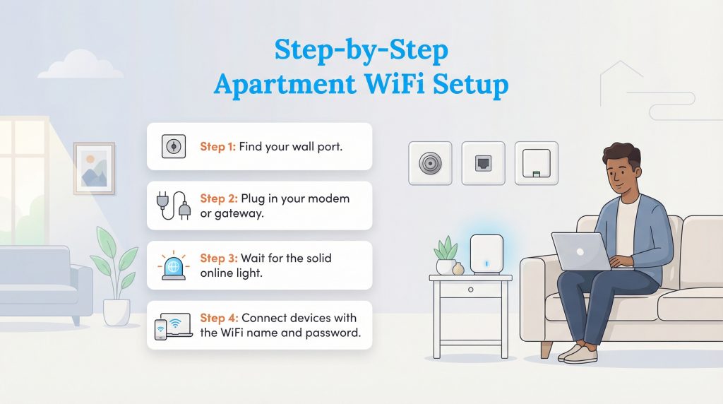 Infographic showing four steps to set up apartment WiFi: find port, plug in modem, wait for online light, and connect devices.