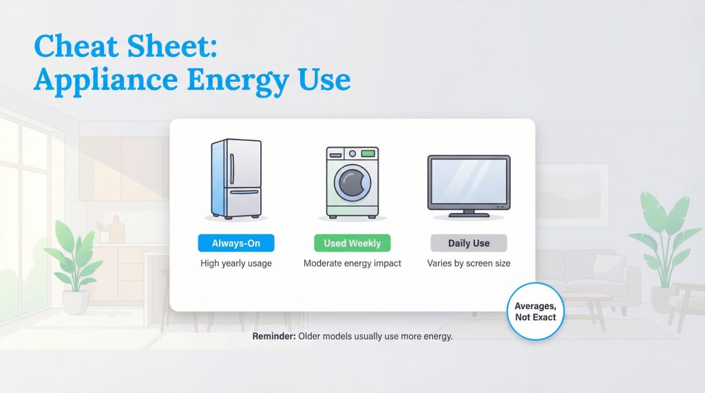 Infographic showing energy use of appliances: fridge (always-on), washer (weekly), and TV (daily).