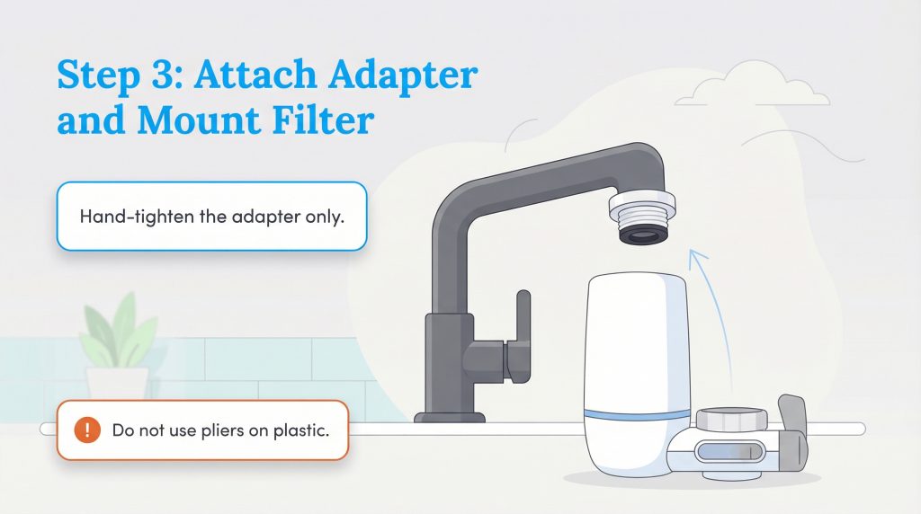 Illustration of attaching a water filter adapter to a faucet with hand-tightening and a warning not to use pliers on plastic.
