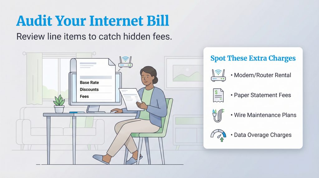 Infographic on auditing internet bills, listing extra charges like modem rentals and data fees.