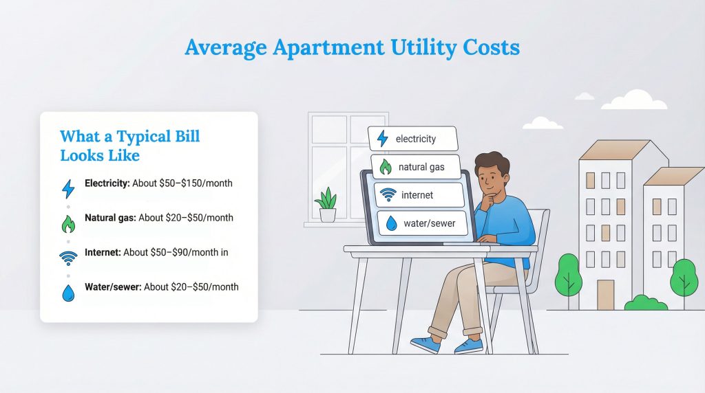 Infographic showing average apartment utility costs for electricity, natural gas, internet, and water/sewer, with a person using a laptop.