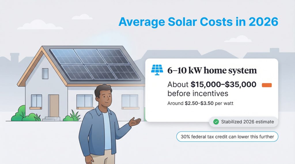 Illustration of a man next to a house with solar panels, with a text box showing estimated 2026 solar costs for a 6-10 kW system.