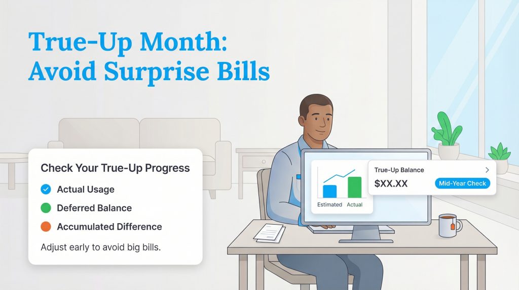 Infographic showing how to check actual usage versus estimates to avoid surprise true-up bills.