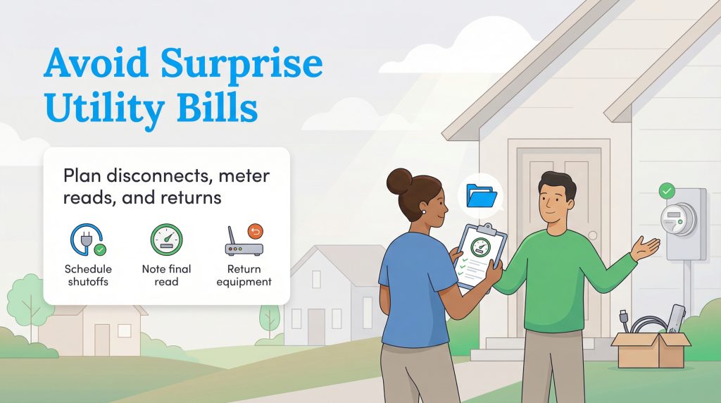 Couple outside house with utility meter and checklist, next to text about avoiding surprise bills.