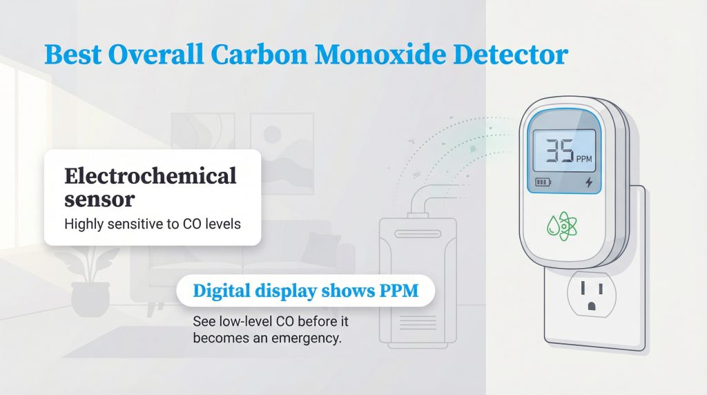 Infographic of the best CO detector with an electrochemical sensor and a digital display showing 35 PPM.