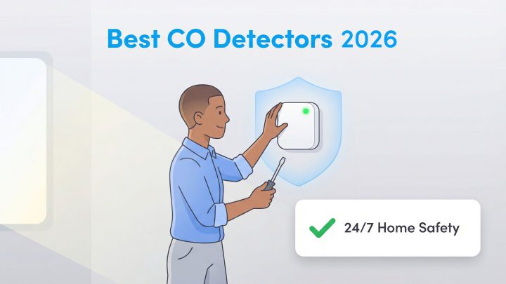 A man installs a CO detector with a screwdriver, with text 'Best CO Detectors 2025' and a shield icon.