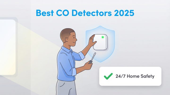 A man installs a CO detector with a screwdriver, with text 'Best CO Detectors 2025' and a shield icon.