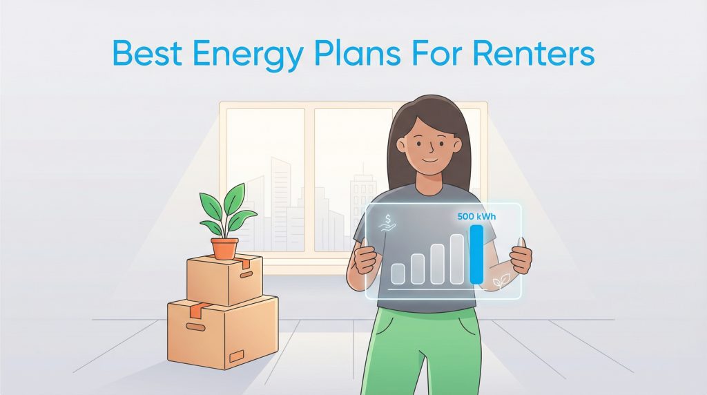 A woman holds a tablet showing an energy usage chart with 500 kWh highlighted, next to moving boxes.