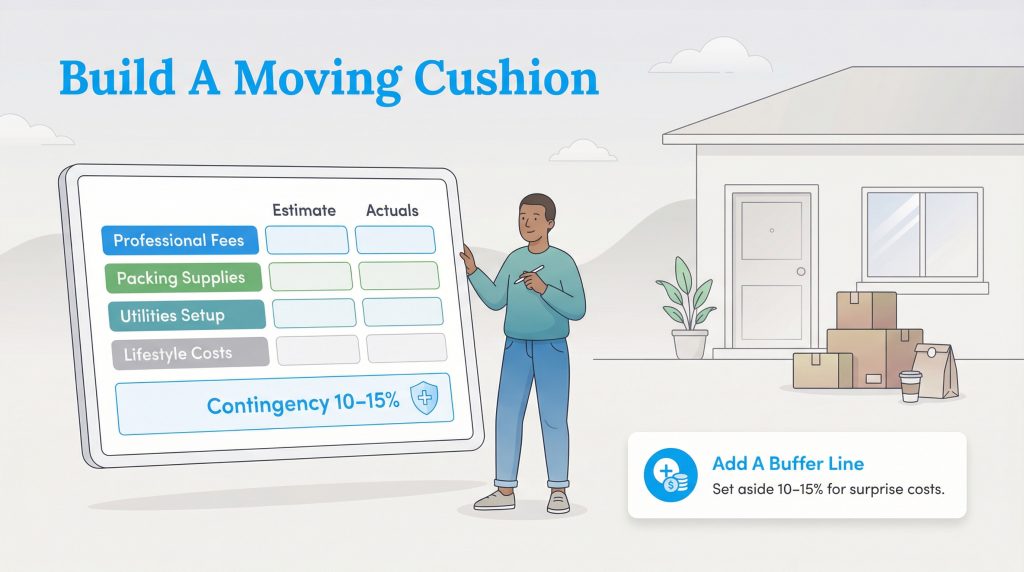 A person stands next to a tablet showing a moving budget with a 10-15% contingency line.