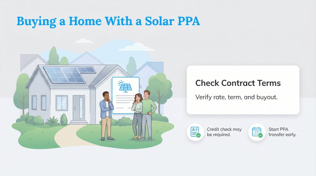 Illustration showing people considering a house with solar panels, advising to check PPA contract terms.
