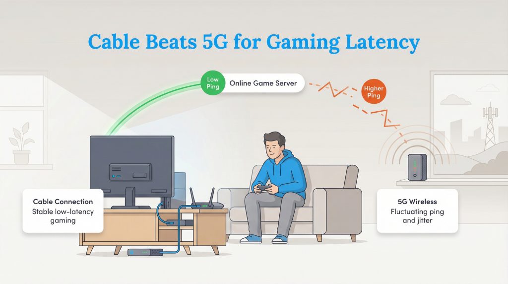 Diagram shows cable connection with low ping for gaming versus 5G wireless with higher ping and jitter.