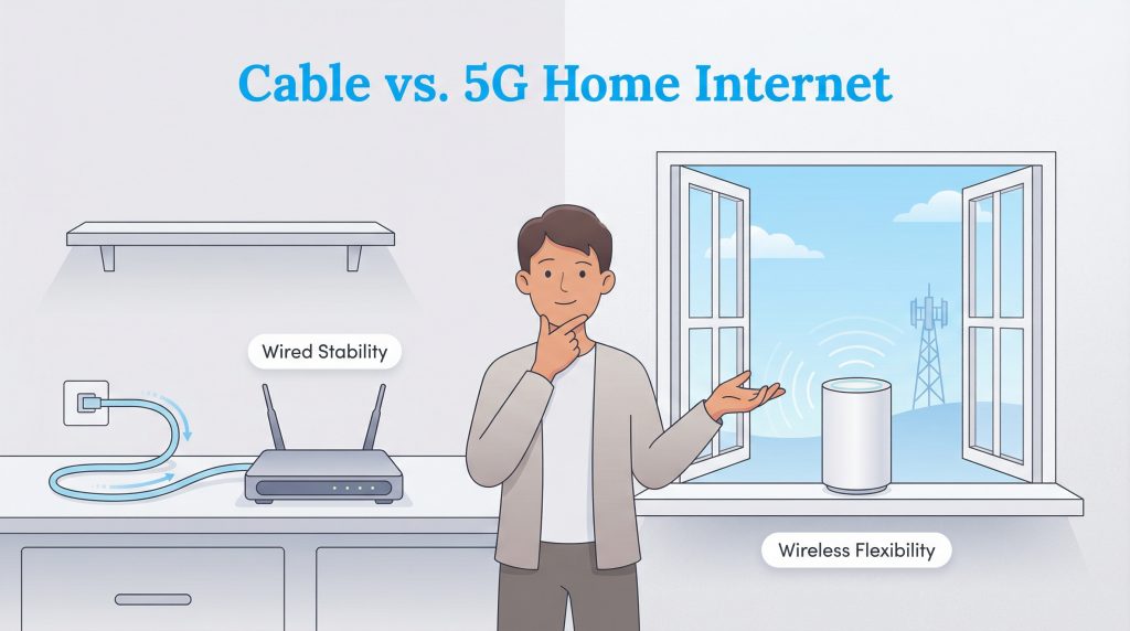 Infographic comparing Cable (Wired Stability) and 5G Home Internet (Wireless Flexibility) setups.