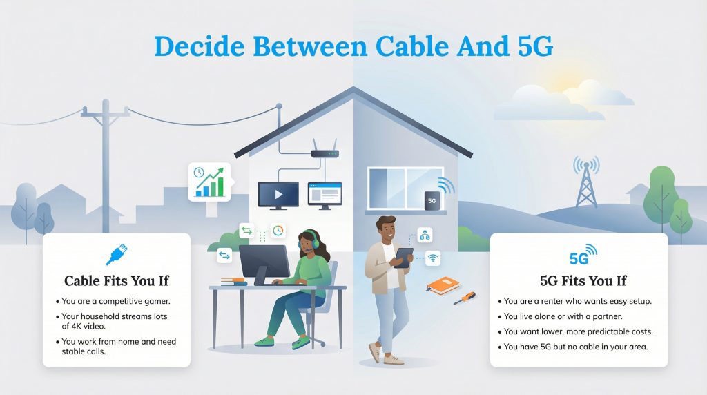 Infographic comparing cable versus 5G internet based on user lifestyles, needs, and location.