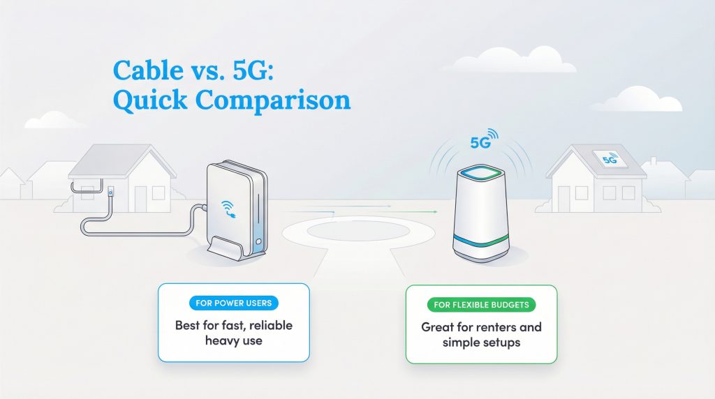 Infographic comparing cable and 5G internet. Cable is for power users; 5G is for flexible budgets.